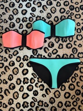 TRIANGL Original 2010s Neoprene Bikini 3 Piece Set Teal and Coral